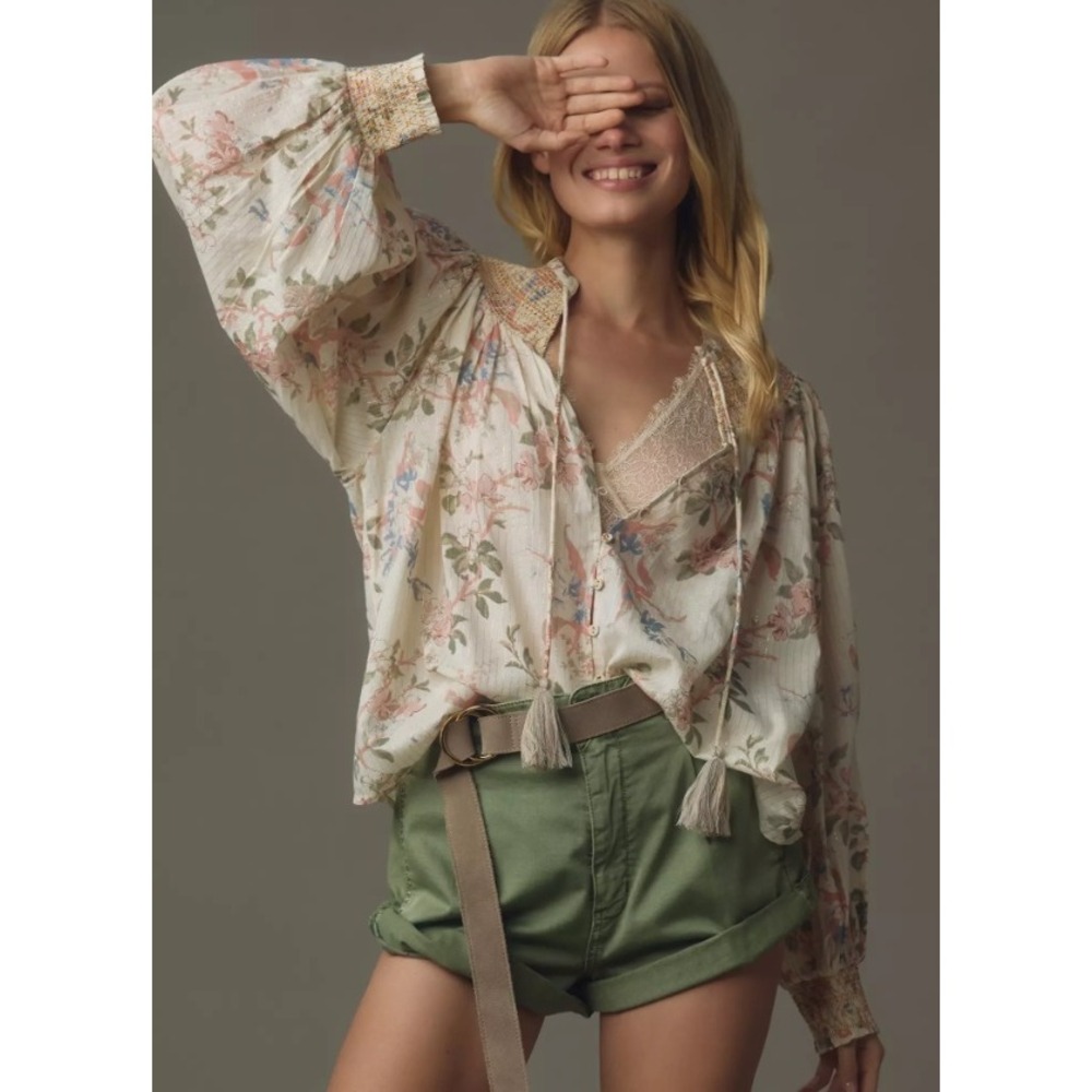 Anthropologie Smocked Peasant Blouse Womens M Cream Floral Tassel Boho Shimmer